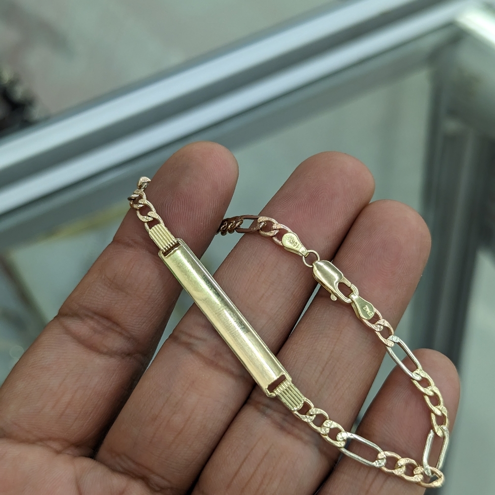 10kt Real Gold Tricolor Figaro Diamond Cut ID Bracelet